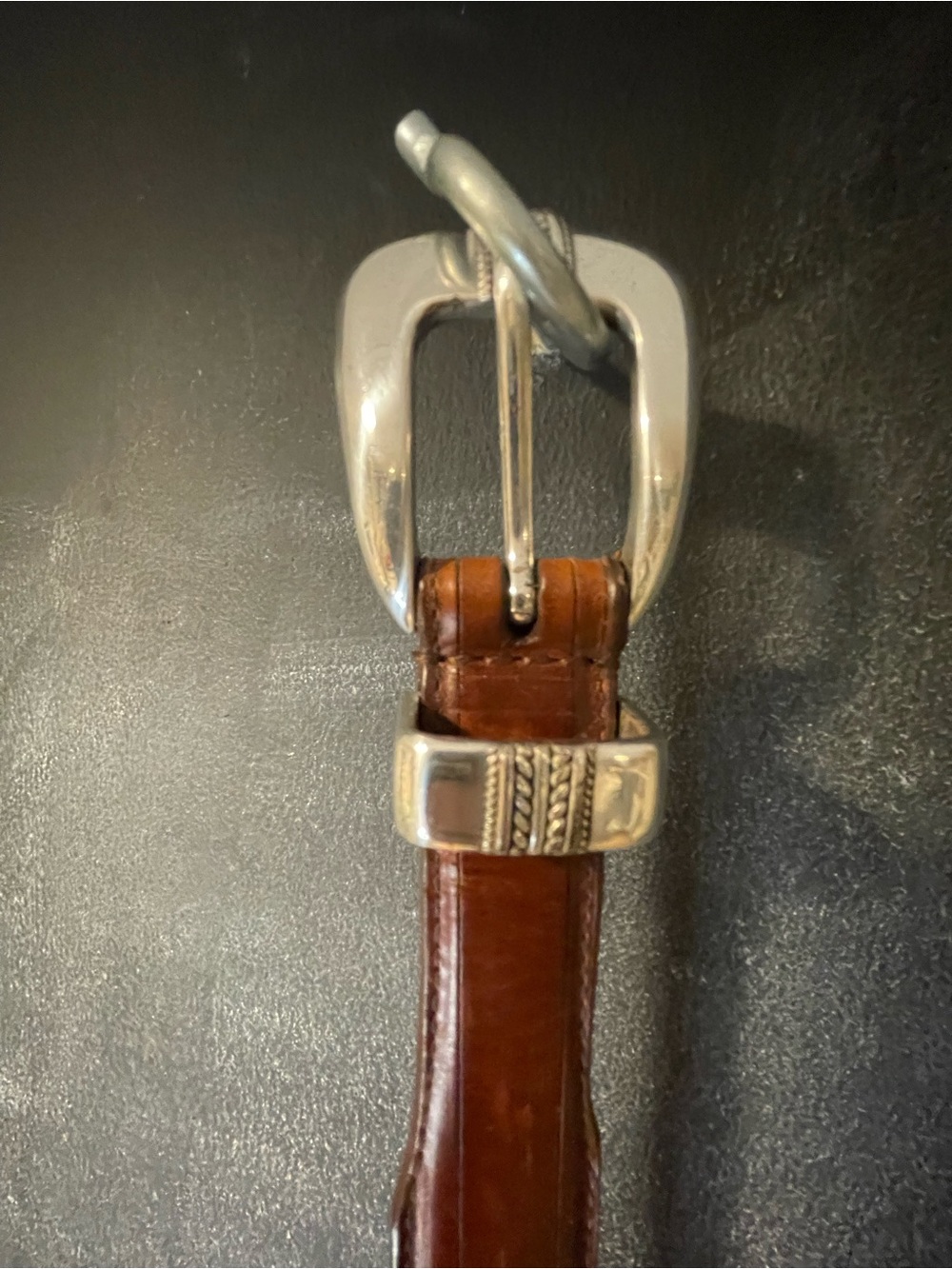 Vintage Genuine Leather Western Belt Brown Tooled Stitch Silver Tone Buckle